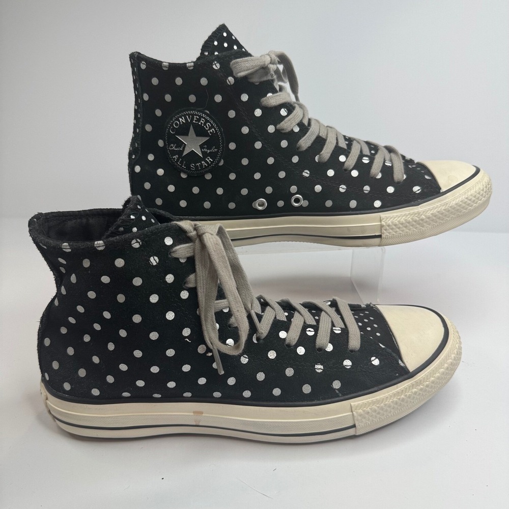 Converse Chuck Taylor All Star Hi Black Suede Silver Polka Dot Sneakers Womens 7